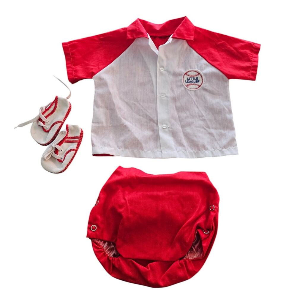 Vintage 1950s Baby Boys Sz 3-6M Little Leaguer baseball Outfit Red White